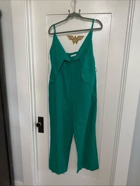 Mango Emerald Green Spaghetti-Strap Wide-Leg Jumpsuit